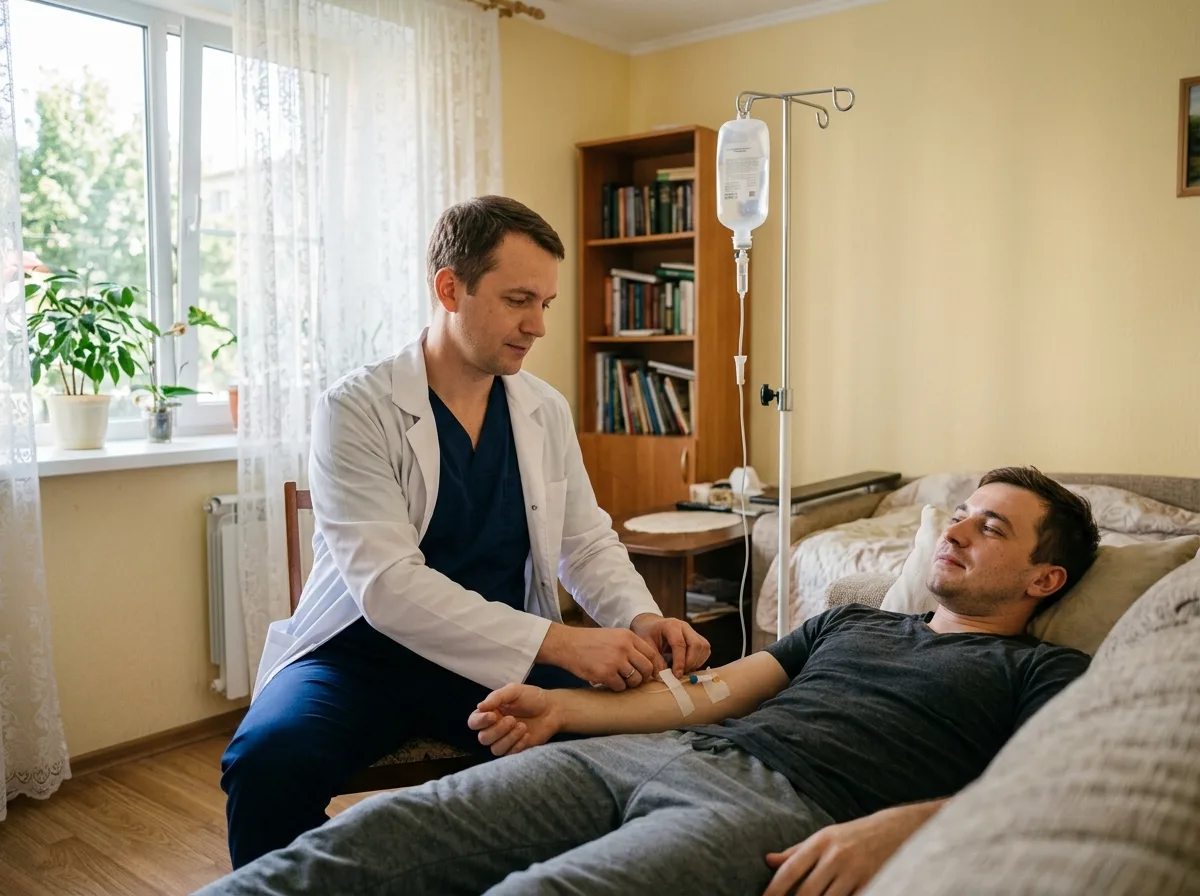 Врач-нарколог устанавливает капельницу пациенту на дому в Краснодаре — профессиональная детоксикация, светлая квартира, спокойная атмосфера