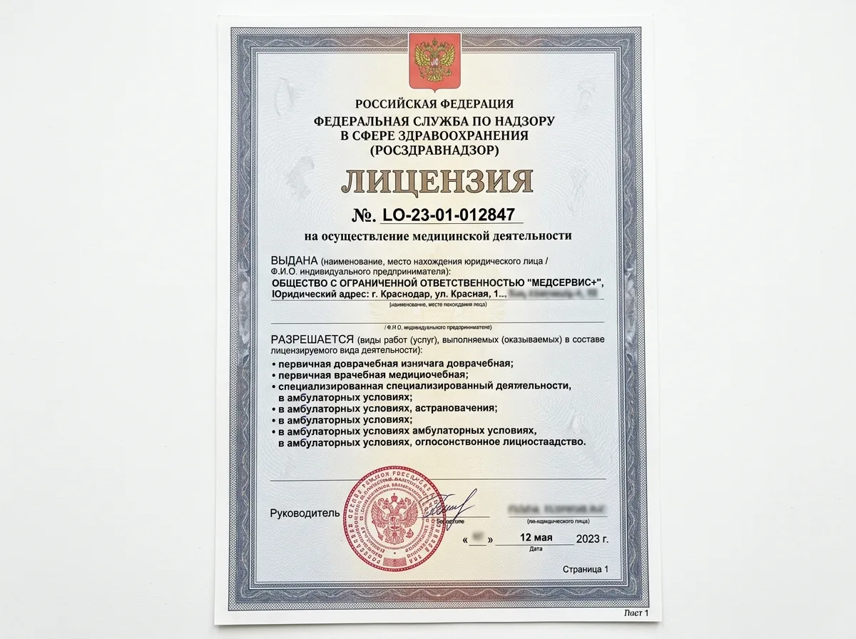 Лицензия Росздравнадзора № ЛО-23-01-012847 на осуществление медицинской деятельности, первая страница, официальный документ на белом фоне