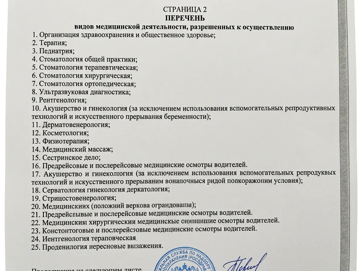 Выписка из реестра лицензий Росздравнадзора, вторая страница с перечнем видов медицинской деятельности, на белом фоне