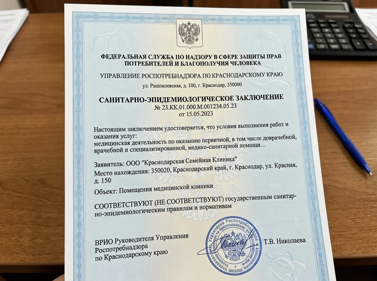Санитарно-эпидемиологическое заключение Роспотребнадзора на медицинскую клинику в Краснодаре, официальный документ
