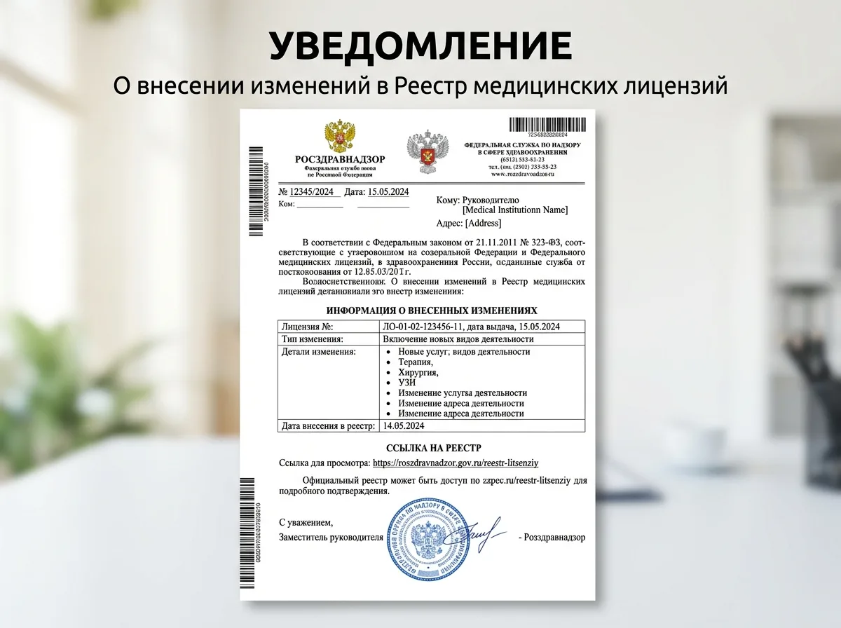 Уведомление Росздравнадзора о внесении изменений в реестр медицинских лицензий, официальное письмо